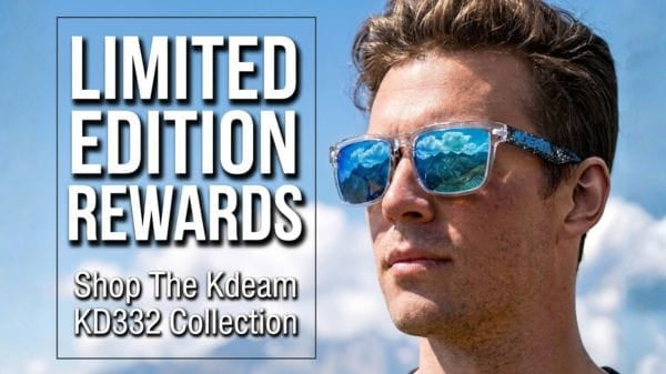 A promotional graphic featuring a man in side profile wearing blue mirrored sunglasses against a cloudy sky, with large text reading 'LIMITED EDITION REWARDS' and smaller text 'Shop The Kdeam KD332 Collection'.