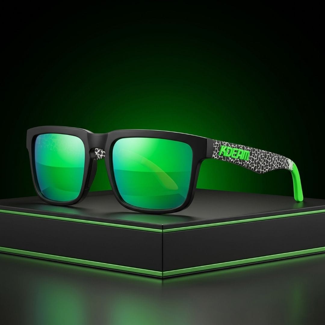 KDEAM C2 Matte Black & Green Polarized Sunglasses | Wayfarer