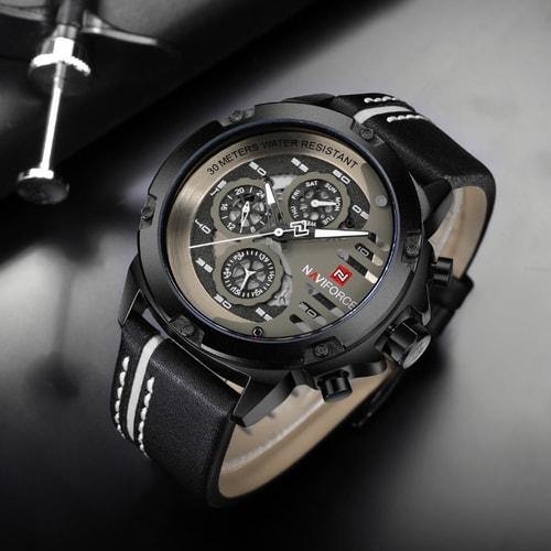 NaviForce 9110 Silver &amp; Black Executive Leather Watch-NaviForce South Africa-Smael South Africa