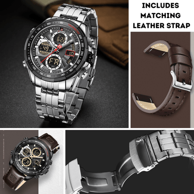 NaviForce Dual Display Black Watch With Silver Stainless Steel and Brown Leather Strap - Smael South Africa