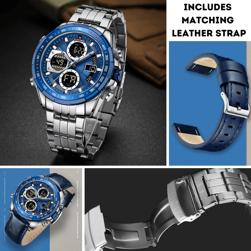 NaviForce Dual Display Blue Watch With Silver Stainless Steel and Blue Leather Strap - Smael South Africa