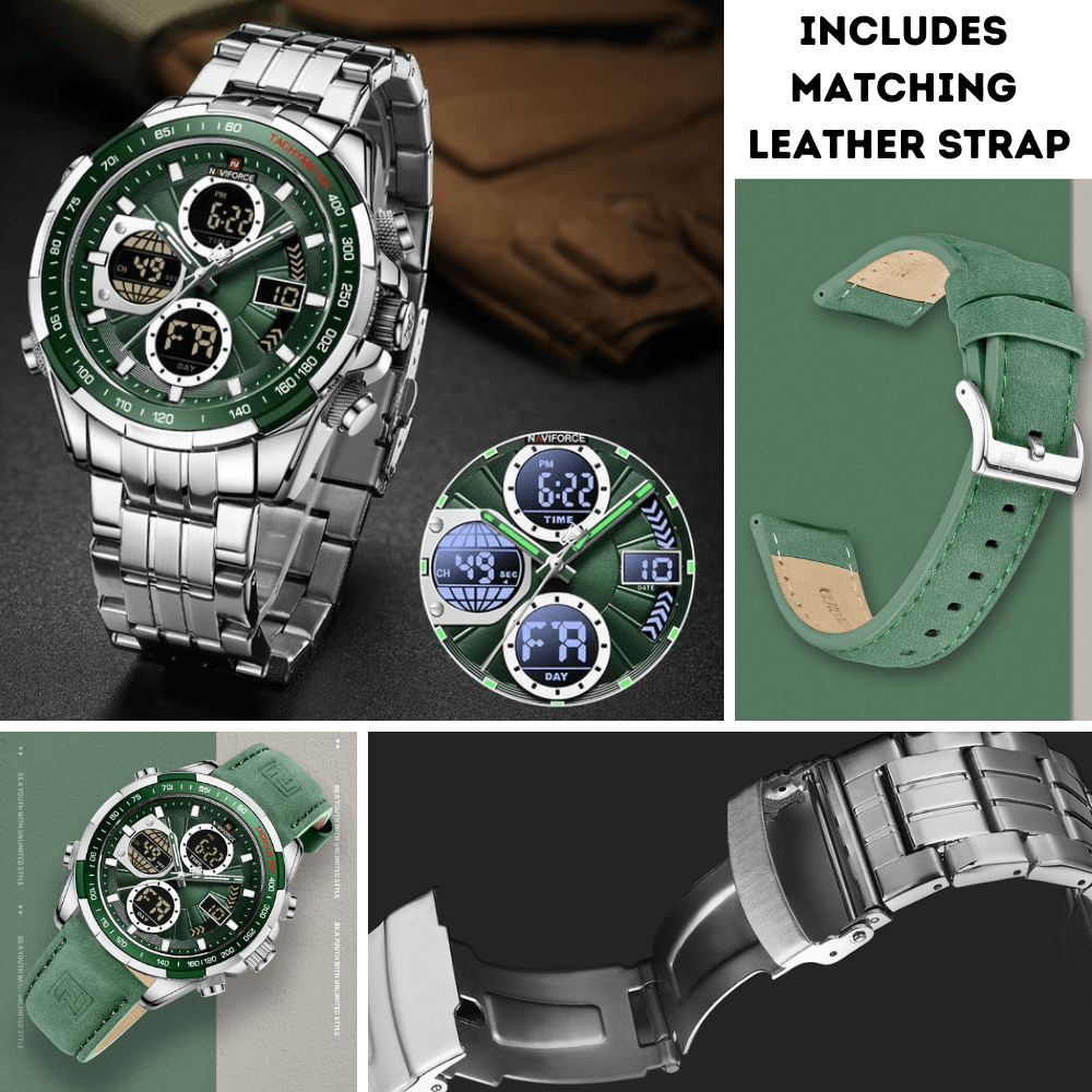 NaviForce Dual Display Green Watch With Silver Stainless Steel and Green Leather Strap - Smael South Africa