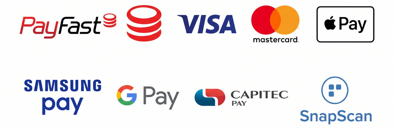 Secure payments by Payfast including Visa, Mastercard, Apple Pay, Samsung Pay, Google Pay, Capitec Pay, and SnapScan